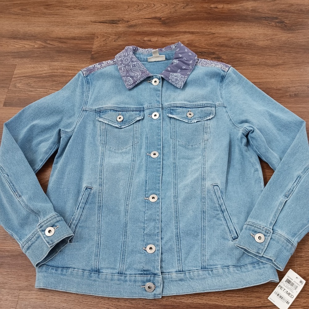 Style & Co Denim Trucker Jacket Bandana Rose PM Petite Medium New